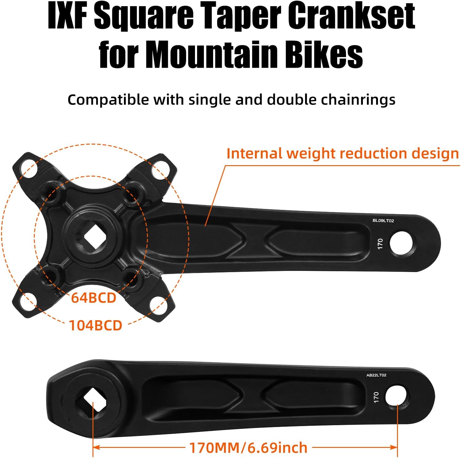 ZTZ Mountain Bike 170mm Square Crankset with 104 BCD 32/34/36/38T Chainring,Aluminum Alloy MTB Crank Round Chainring and Crank, fit Shimano, SRAM, FSA