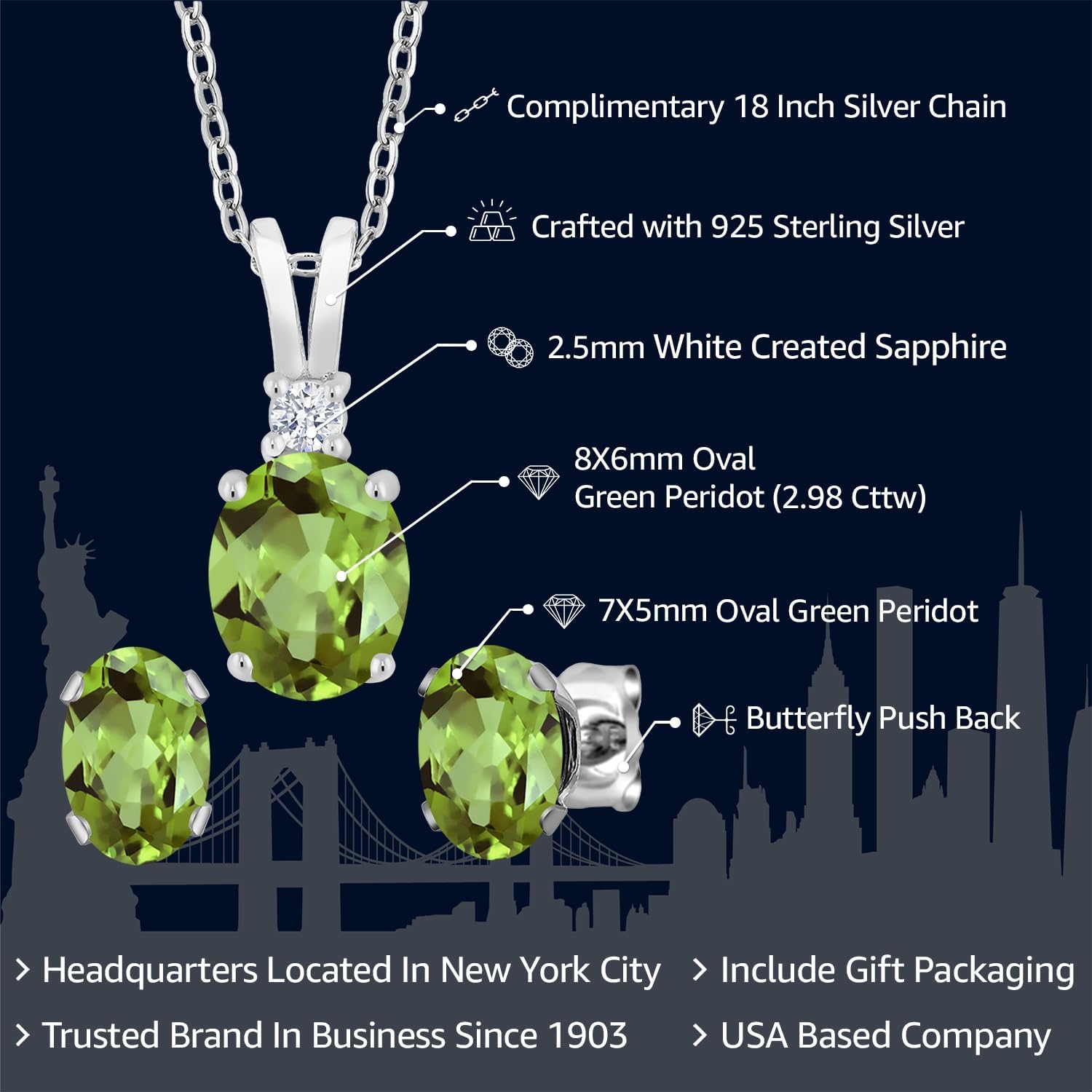 Gem Stone King 2.98 Cttw Green Peridot Pendant and Earrings Jewelry Set For Women | 925 Sterling Silver | Oval Gemstone Birthstone | With 18 Inch Silver Chain