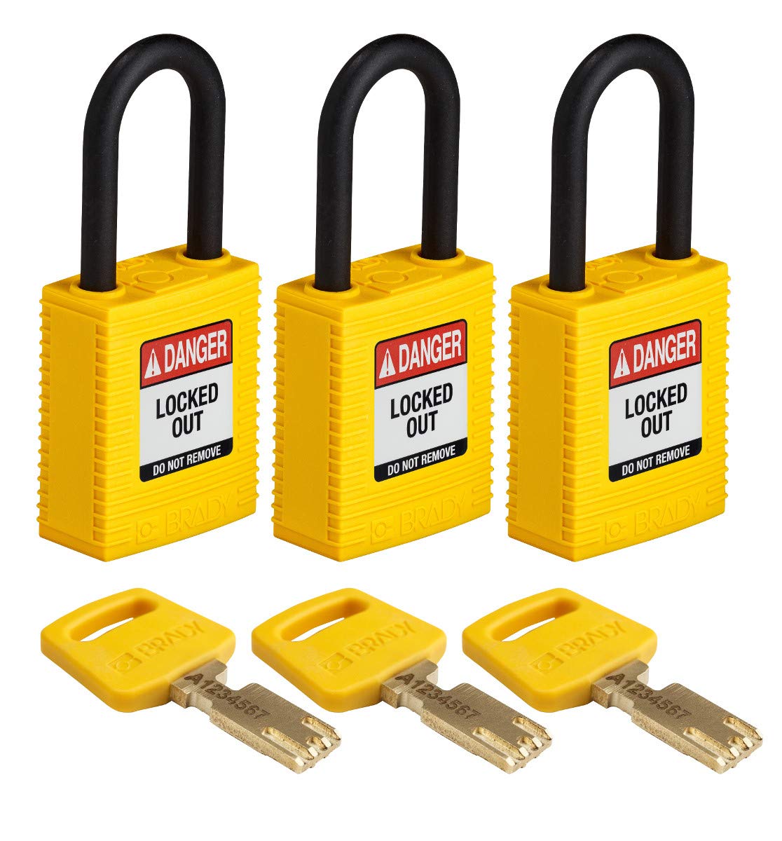 Brady Yellow Safekey Lockout Padlock Nylon 1.5" Plastic Shkl, Pack Of 3