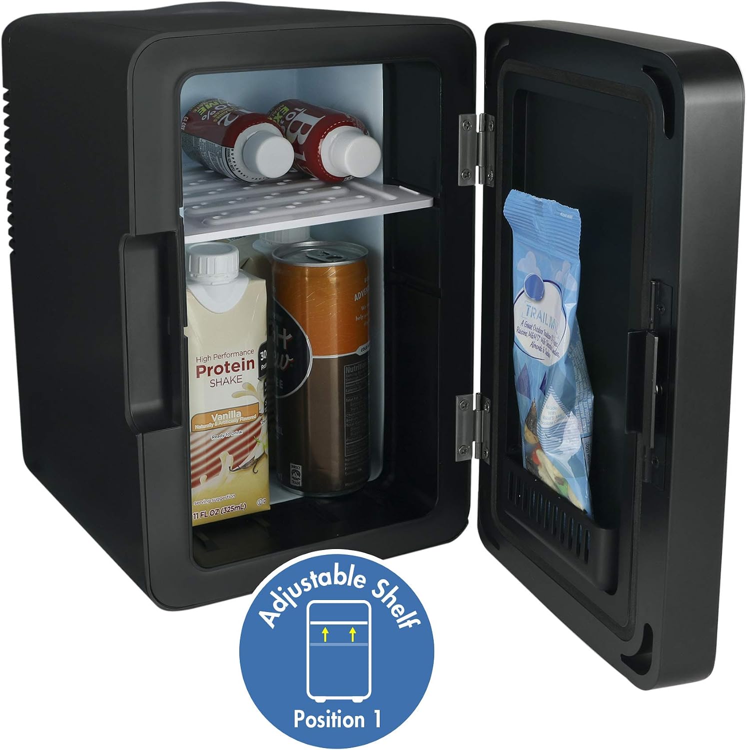 Personal Chiller Led Lighted Mini Fridge Dry erase surface keeps warm or cold for in house or on the go includes two plugs, Black, 6L