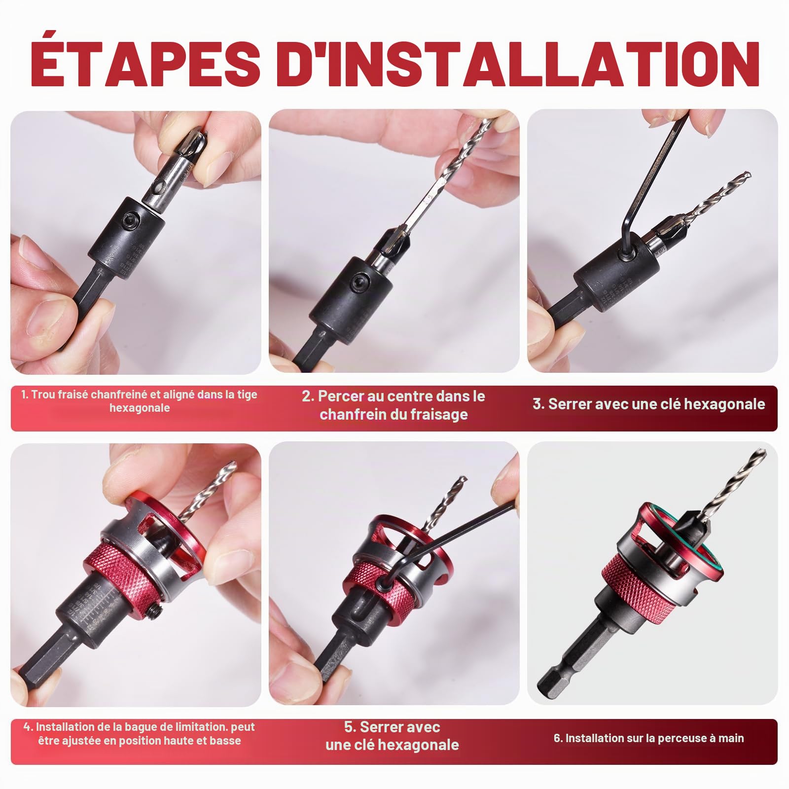 Lot de 5 forets à bois, fraisés avec butée de profondeur, foret à bois avec tige hexagonale 1/4", en HSS-M2, trous précis, comprend un embout de tournevis cruciforme, pour atelier, travail du bois