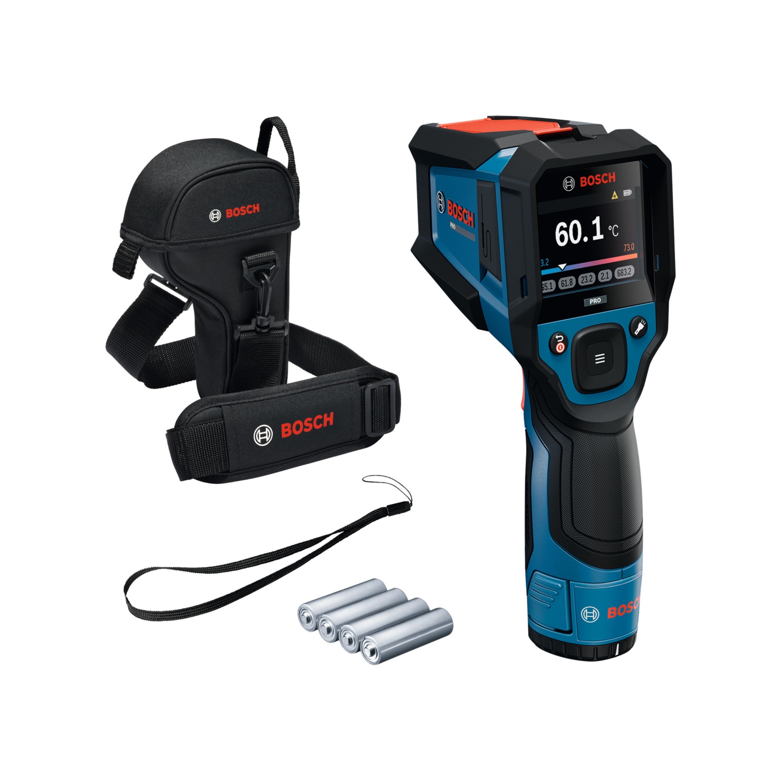 Bosch PRO GIS12V‑800‑16 Infrarot‑Thermometer, Typ‑K Schnittstelle, 20:1 Verhältnis, IP54, Dual‑Power, inkl. Batterieadapter & AA‑Batterien – vielseitig für präzise Temperatur‑ und Materialmessung