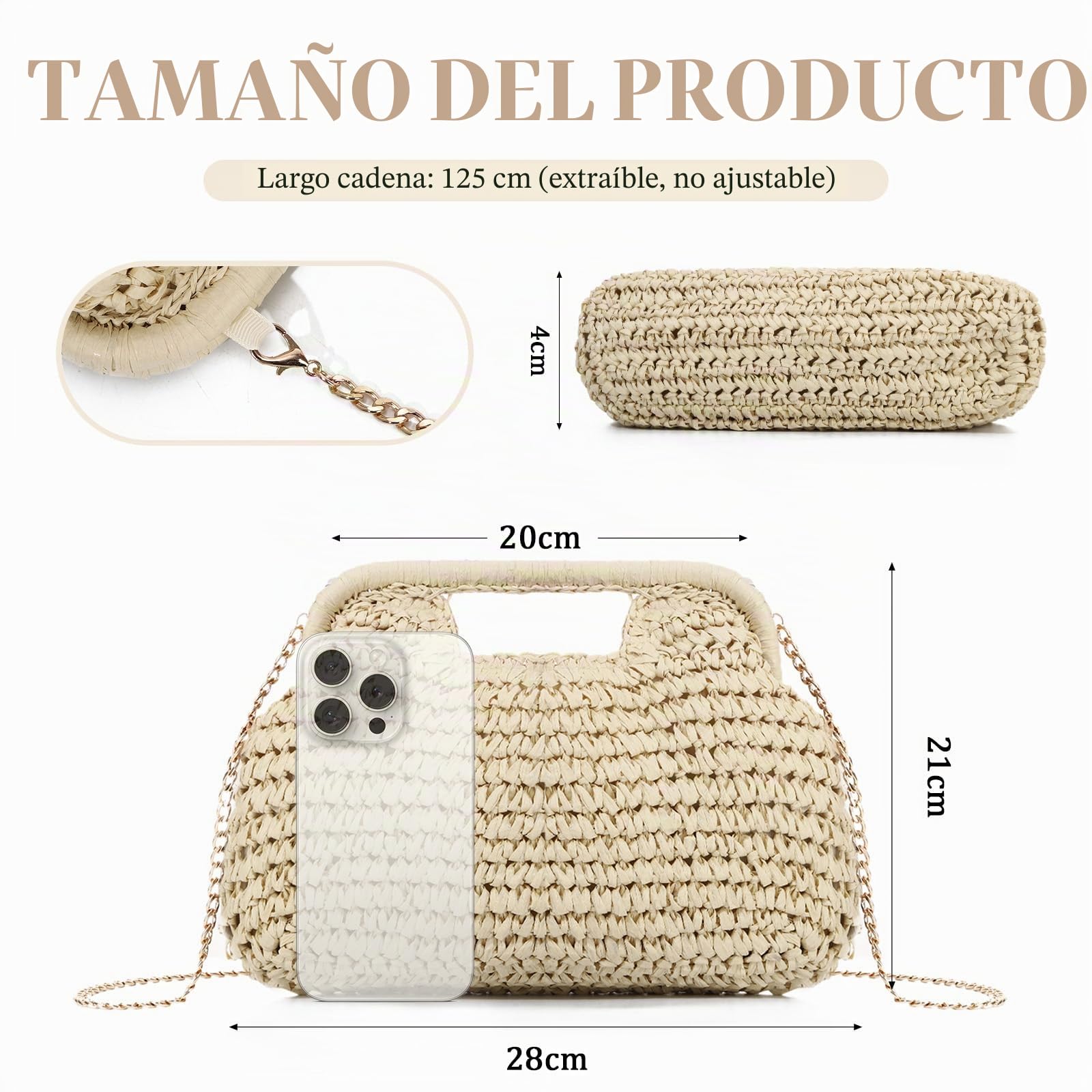 EVEOUT Clutch de Paja Trenzada con Cadena Mujer Boho Bolso Tejido para Fiesta Bodas Verano Bolsos de Mano Rafia Sintética para Playa Vacaciones