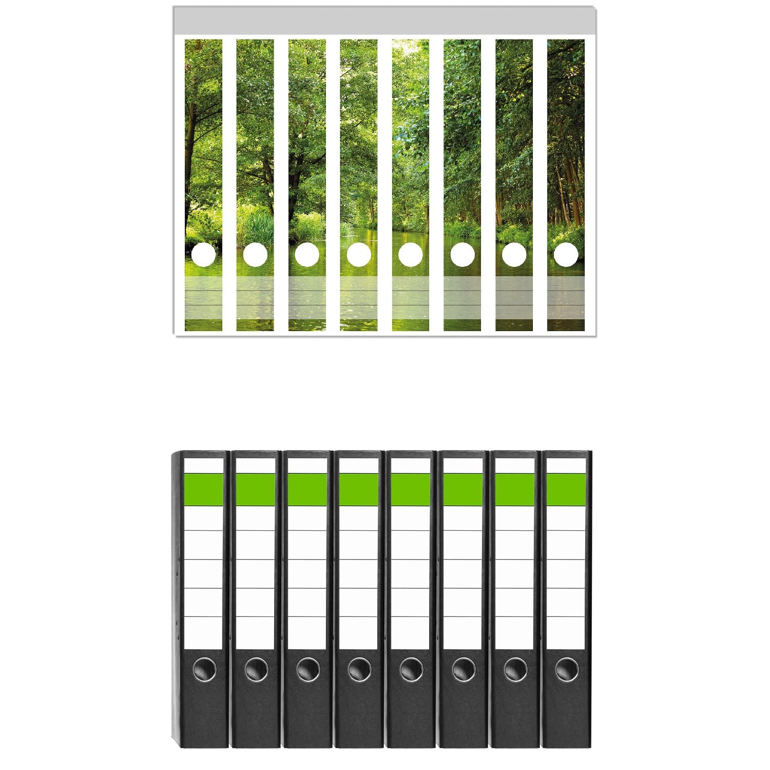 Wallario 8 Stück schmale Ordner inkl. Klebeetiketten mit Motiv Spreewald in Brandenburg grüne Wälder und Spiegelungen im Wasser - Set mit Rückenschildern/Ordnerrücken Stickern
