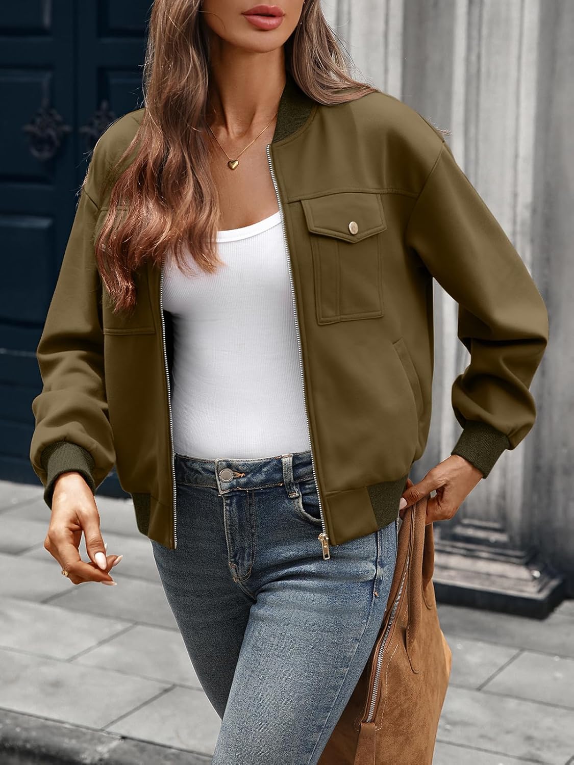 AMZANGEL Women's Zip up Bomber Jacket Cropped Oversize Long Sleeve Drop Shoulder Casual Jackets with 4 Pockets - Image 2