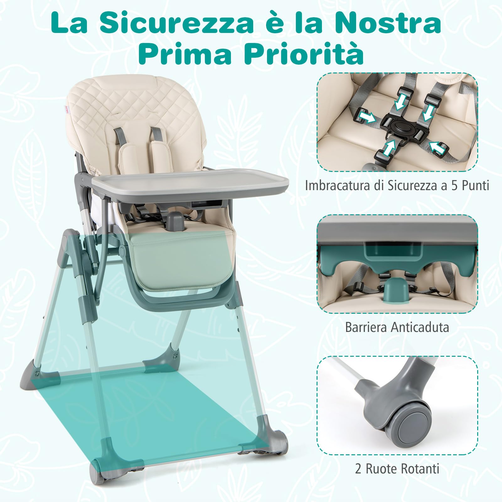 COSTWAY Seggiolone Pappa Pieghevole, Seggiolone Evolutivo per Neonati con Poggiapiedi, Vassoio Staccabile, Altezza Regolabile, Cuscino Sede in PU, Cintura di Sicurezza, per Bambini 6-36 Mesi (Beige)