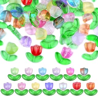 100pcs Colorful Translucent Tulip Flower Beads Handcrafted Tulip Glass Spacer Bead Crystal Glass Flower Beads for DIY Bracelet Earrings Craft Jewelry Making Spring Gifts