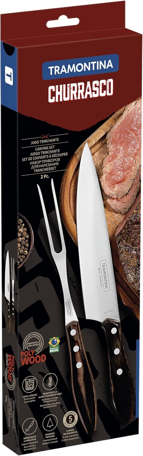 Tramontina Churrasco Carving Set, 2 Piece Brown Gift Boxed, Stainless Steel, Medium