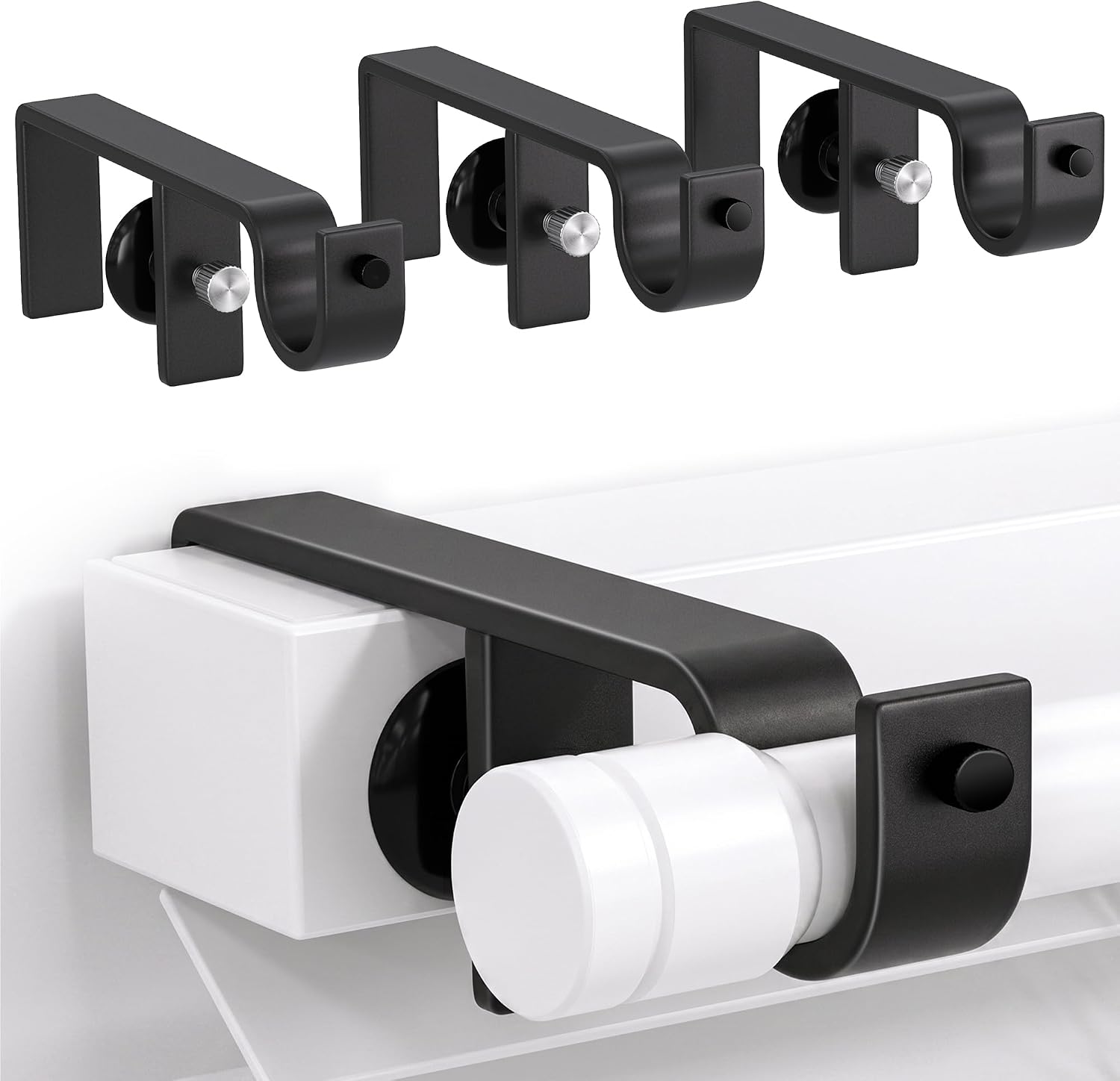 No Drill Curtain Rod Brackets for Blinds, Over Blind Curtain Rod Holders, Renter Friendly Window Curtain Rod Brackets for Outside Mounted Blinds, Adjustable Fit, Set of 4, Black