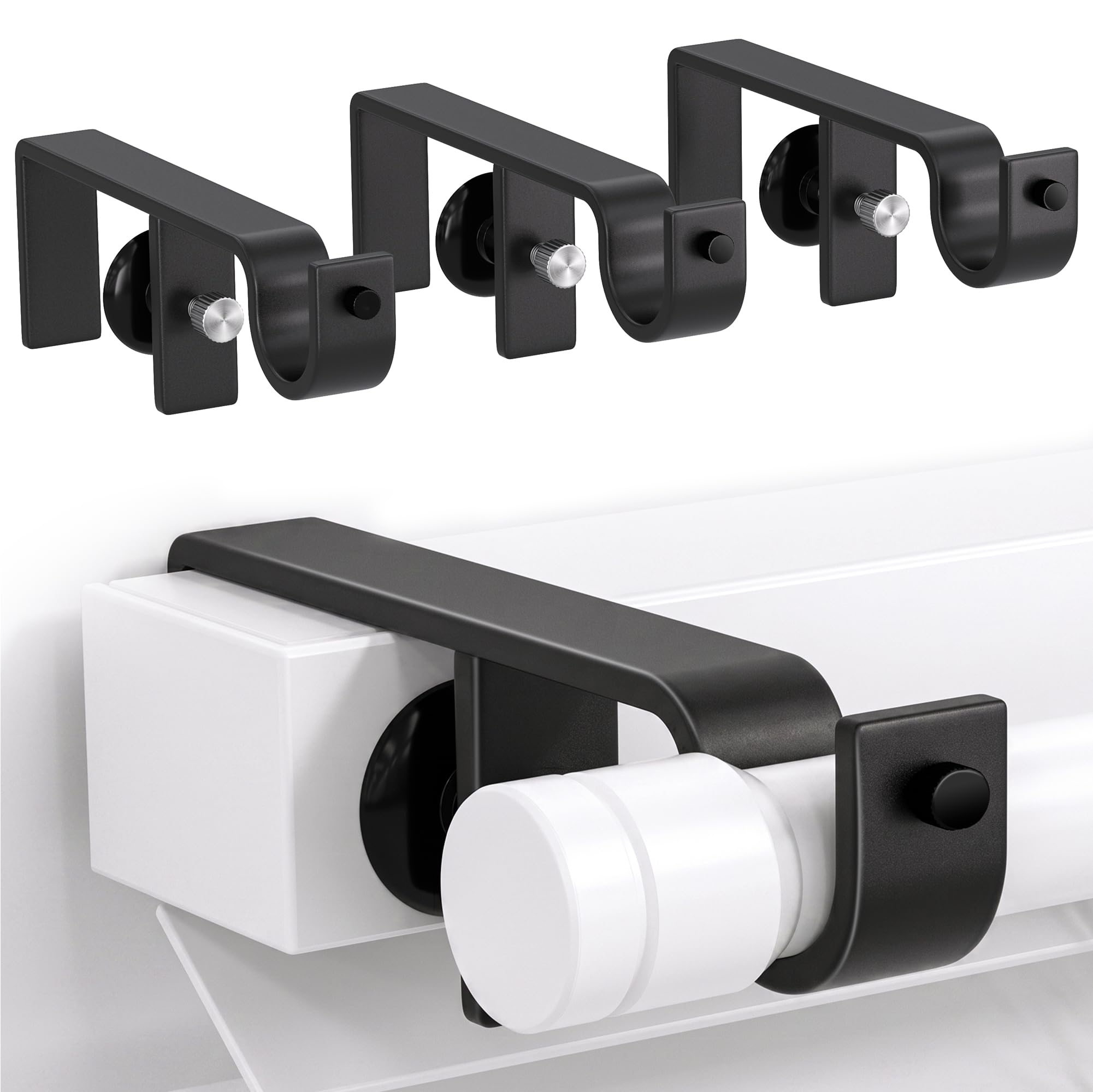 No Drill Curtain Rod Brackets for Blinds, Over Blinds Curtain Rod Holders for Outside Mount Blinds, Fits 1.2"-2.2" Headrails, Set of 4, Black
