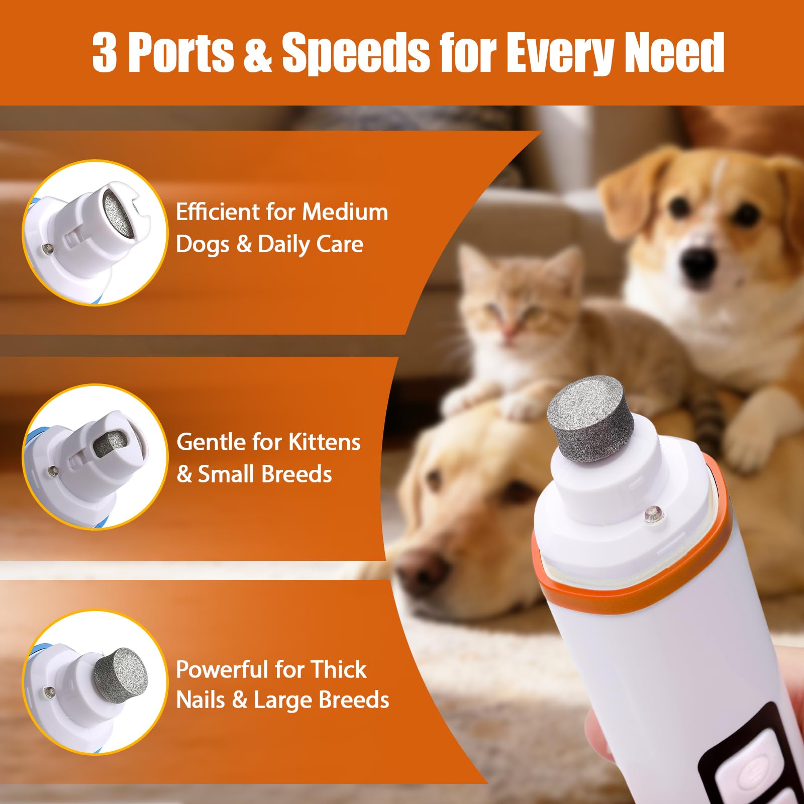 2026 Upgraded Dog Nail Grinder Quiet with LED Light & Low Noise - 3-Speed, 3-Port Professional Dog Nail Trimmer Dogs & Cats, Cordless & Rechargeable - image 3
