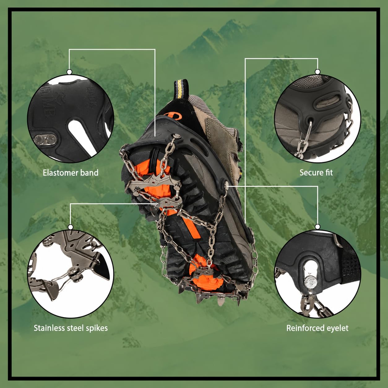 Heavy Duty 14-Spikes Trail Spike Ice Grip Snow Cleats Footwear Crampon for Walking, Jogging, or Hiking on Snow and Ice (Large (Black) Size 9-10.5)