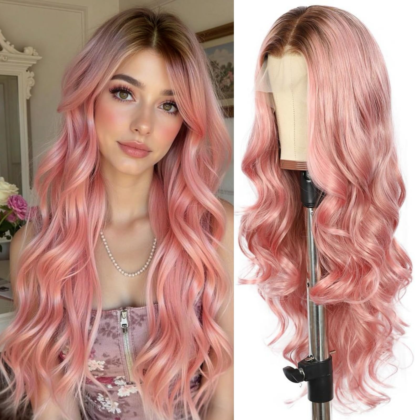 SAPPHIREWIGS Pink Lace Front Wigs 13x4 Synthetic Lace Front Wigs Long Body Wave Ombre Honey Pink Heat Resistant Fiber Hair Pre-Plucked Hairline