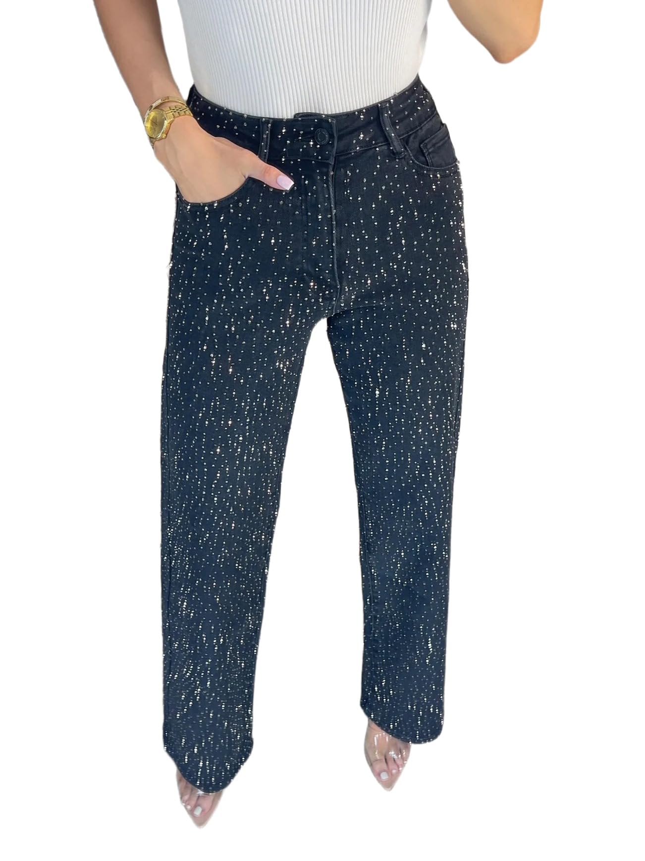 Women's Straight Leg Rhinestone Boyfried Denim Pants, Sparkly Bling Glitter Jeans
