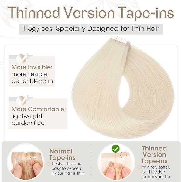 Elailite Tape in Hair Extensions Human Hair Real Human Hair 10 Pcs Invisible Thin Type - Seamless Skin Weft Remy Hair Extension (#70 Bleach White, 12 Inch-10g) - 2