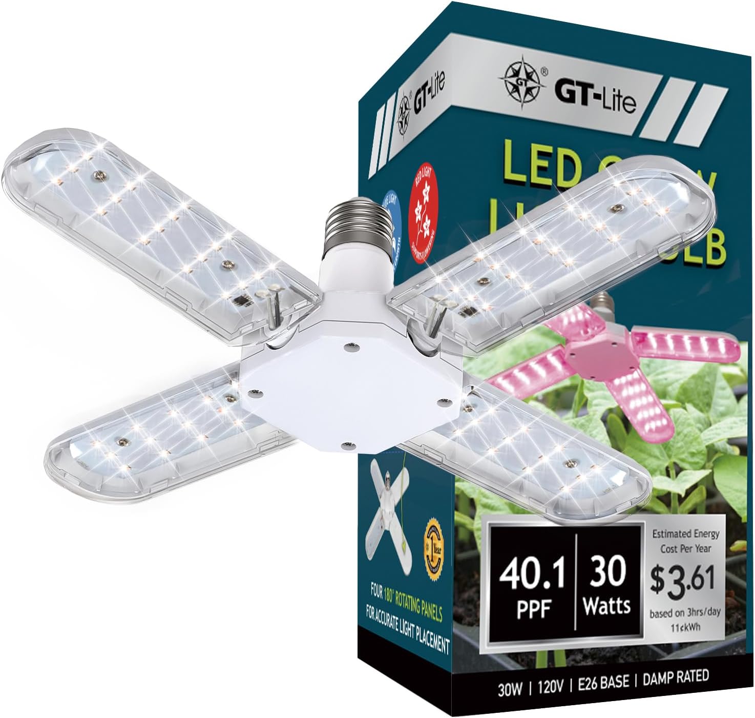 GT-Lite LED 4 Panel Folding Grow Light Bulb with 40.1 PPF, 30 Watt Adjustable LED Grow Light for Indoor Plants,E26 Base