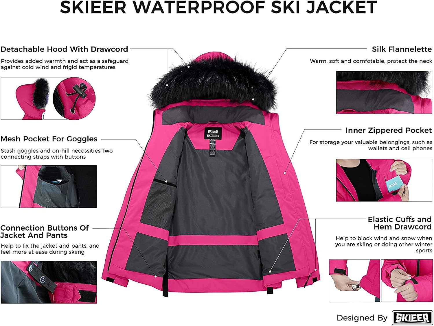 Skieer Women's Waterproof Ski Jacket Warm Puffer Jacket Thick Hooded Winter Coat : Clothing, Shoes & Jewelry
