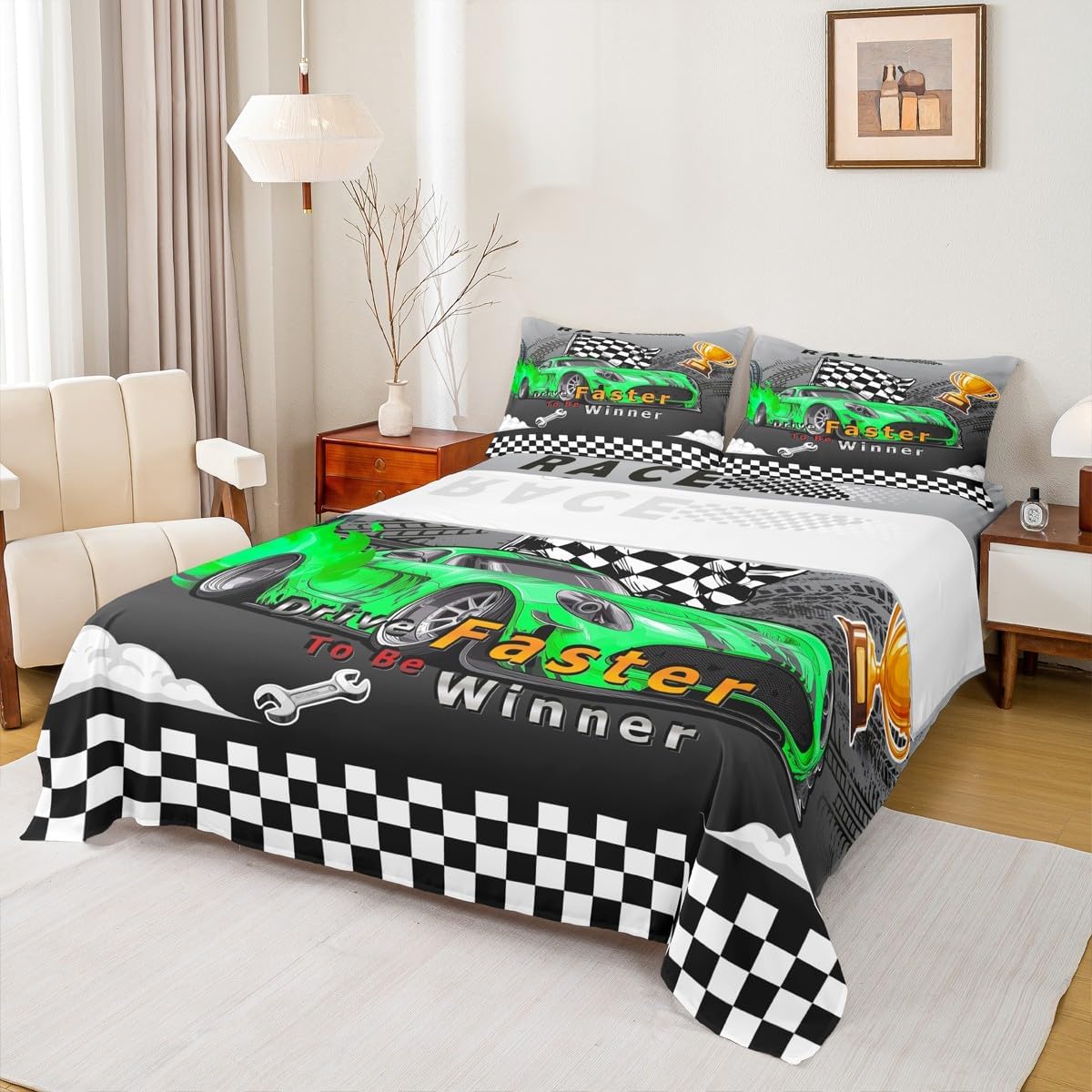 Green Race Car Bed Sheets Twin Size,Extreme Sports Competition Bedding Set 3Pcs for Kids Boys Teens Room Decor,Black White Check Grid Fitted Sheet Cool Grey Top Flat Sheet,1 Pillowcase