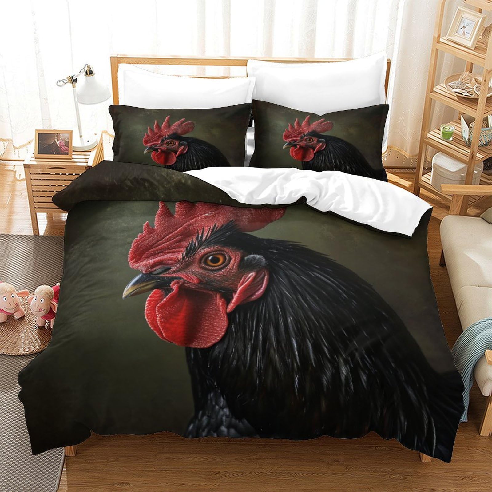 P1s9u7w5y Gallic Rooster-1 Realistic Rooster 3D Printed Duvet Cover Set 3Pcs Microfiber Animal Rooster Bedding Set Double（200X200cm）