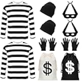12 PCS Robber Costume, Unisex Thief Cosplay Set T-Shirt Beanie Cap Gloves Eye Masks Money Bags for Halloween Costume