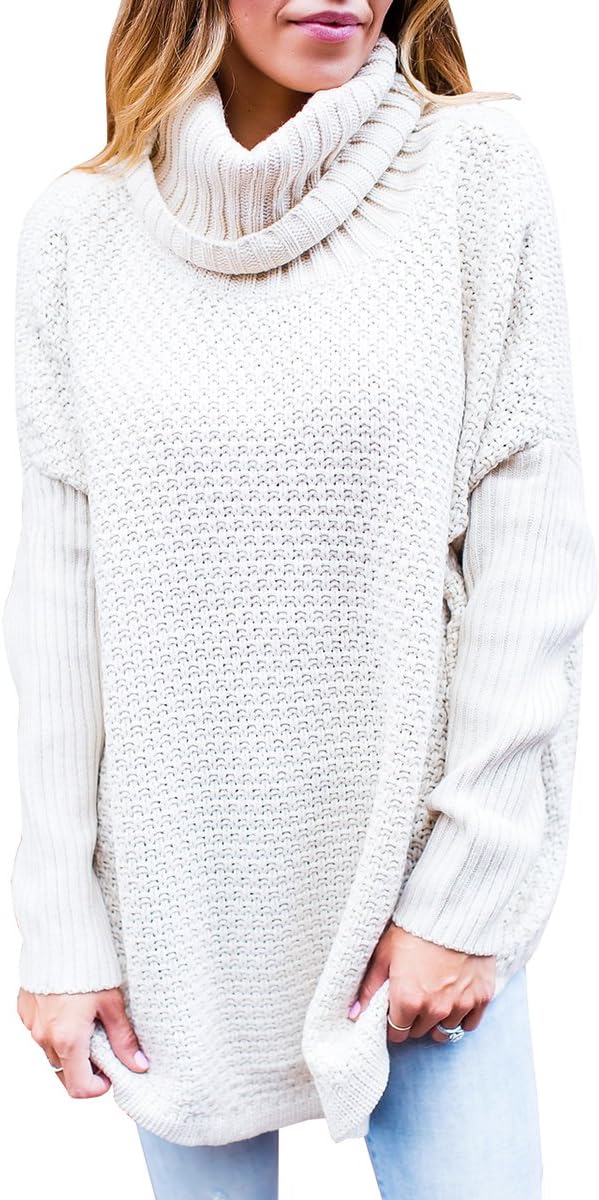 Womens Long Sleeve Sweaters Knitted Cowl Neck Loose Fit Oversized Pullovers Tops Cream