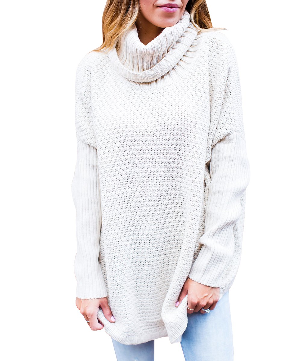 Womens Long Sleeve Sweaters Knitted Cowl Neck Loose Fit Oversized Pullovers Tops Cream