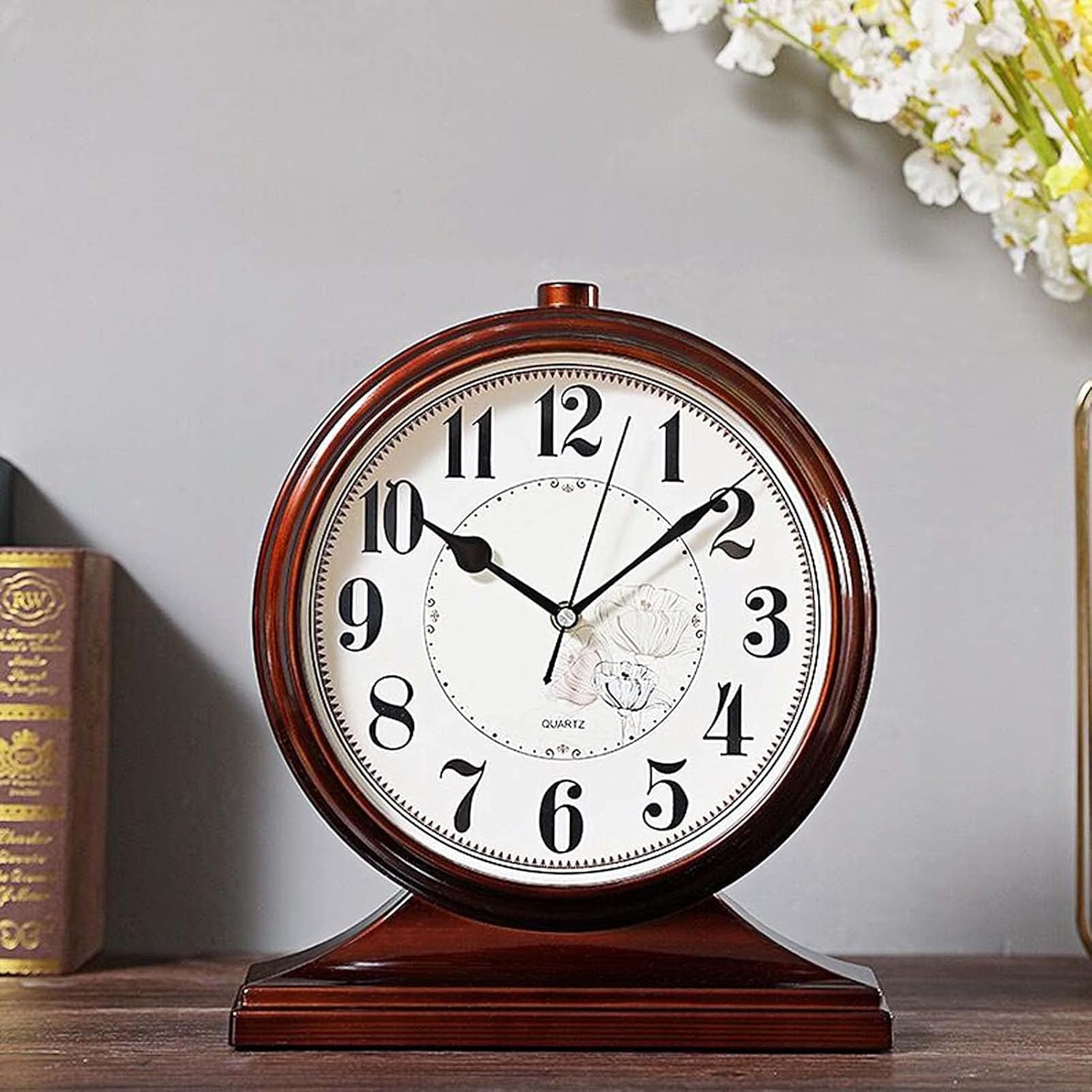 rnuie Desk Clock for Table Decor, Retro Mantel Clock Battery Operated for Fireplace Mantel, Living Room, Bedroom, Office, Desktop Decoration(Brown)