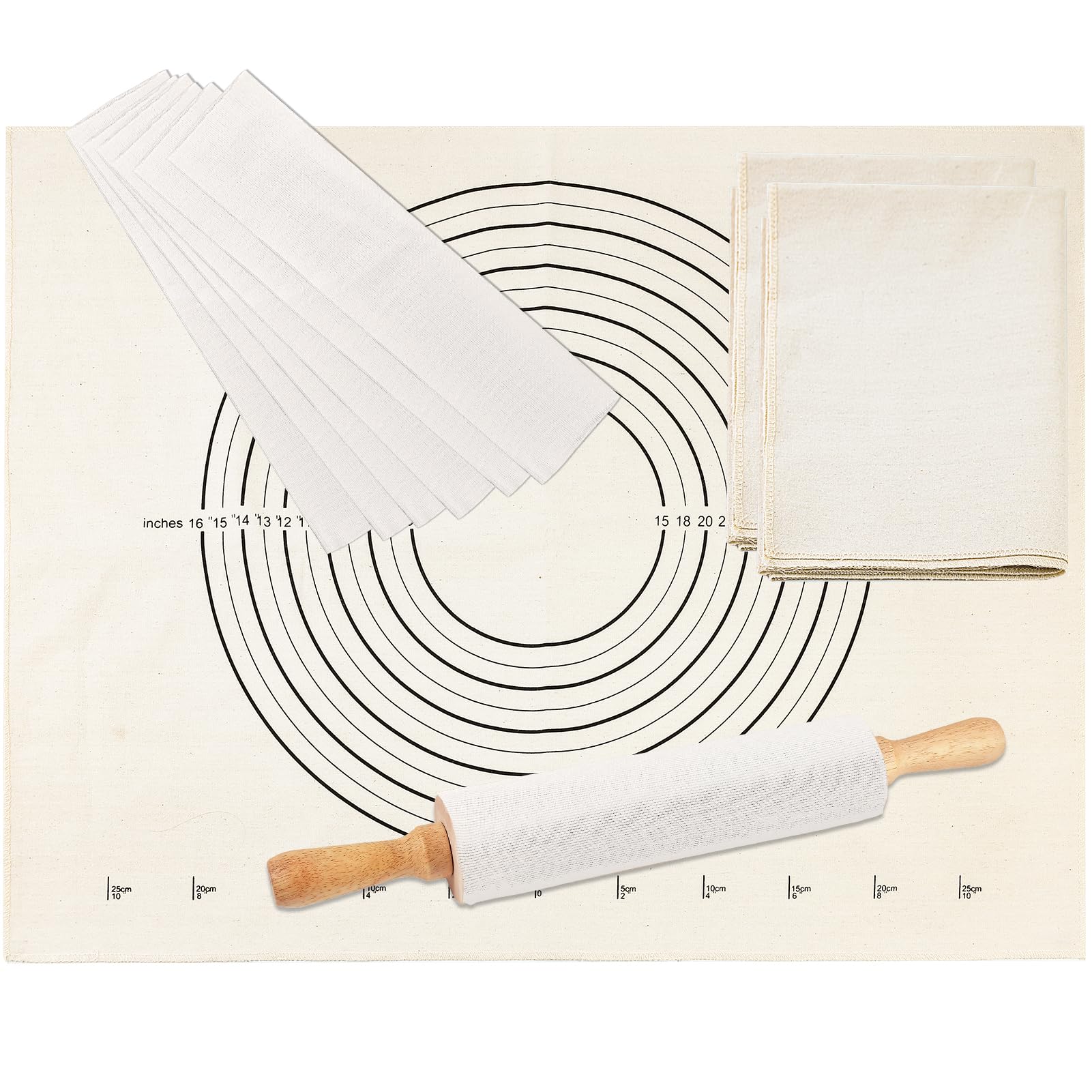 Juego de 9 fundas de tela de repostería y rodillo, 3 alfombrillas de lona de algodón pesado de 25 x 20 pulgadas, 6 fundas flexibles de 13 x 2.7 pulgadas para rodar masa, pasteles, hornear pan