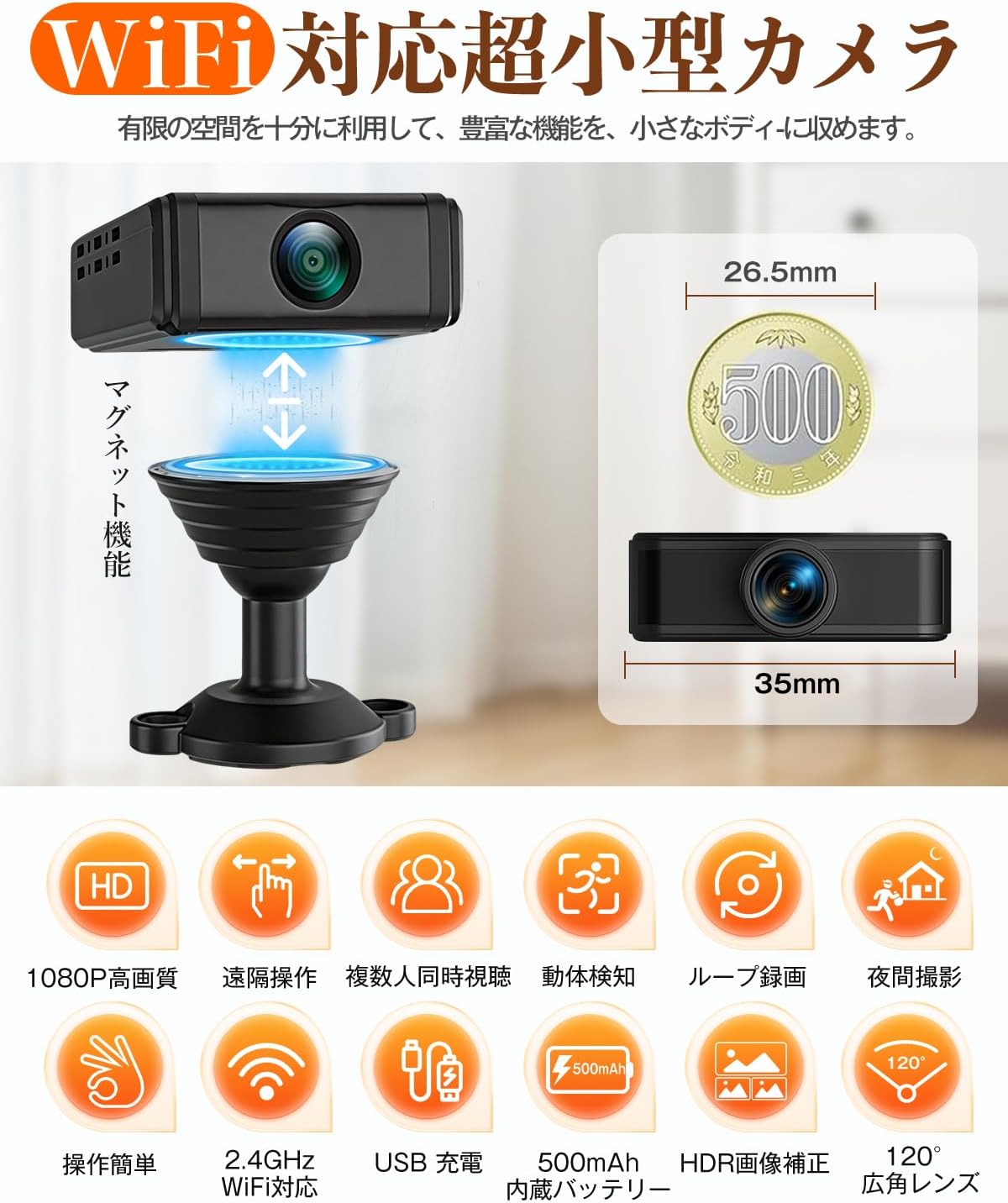 ANTMINER AS02 Mini WiFi Security Camera with magnetic base and dimensions