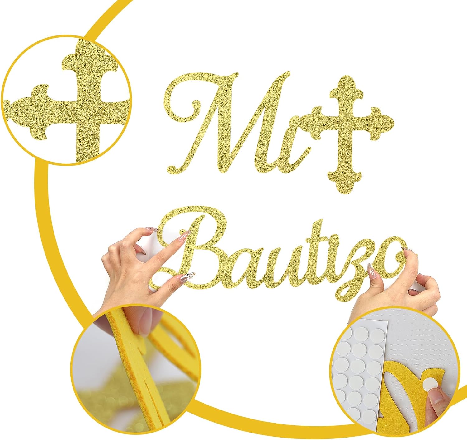 Mi Bautizo Sign for Backdrop - Glitter Gold Felt Mi Bautizo Baby Baptism Religious Decal Decorations Comuniòn Party Backdrop Sign, God Bless First Holy Communion Party Wall Decor