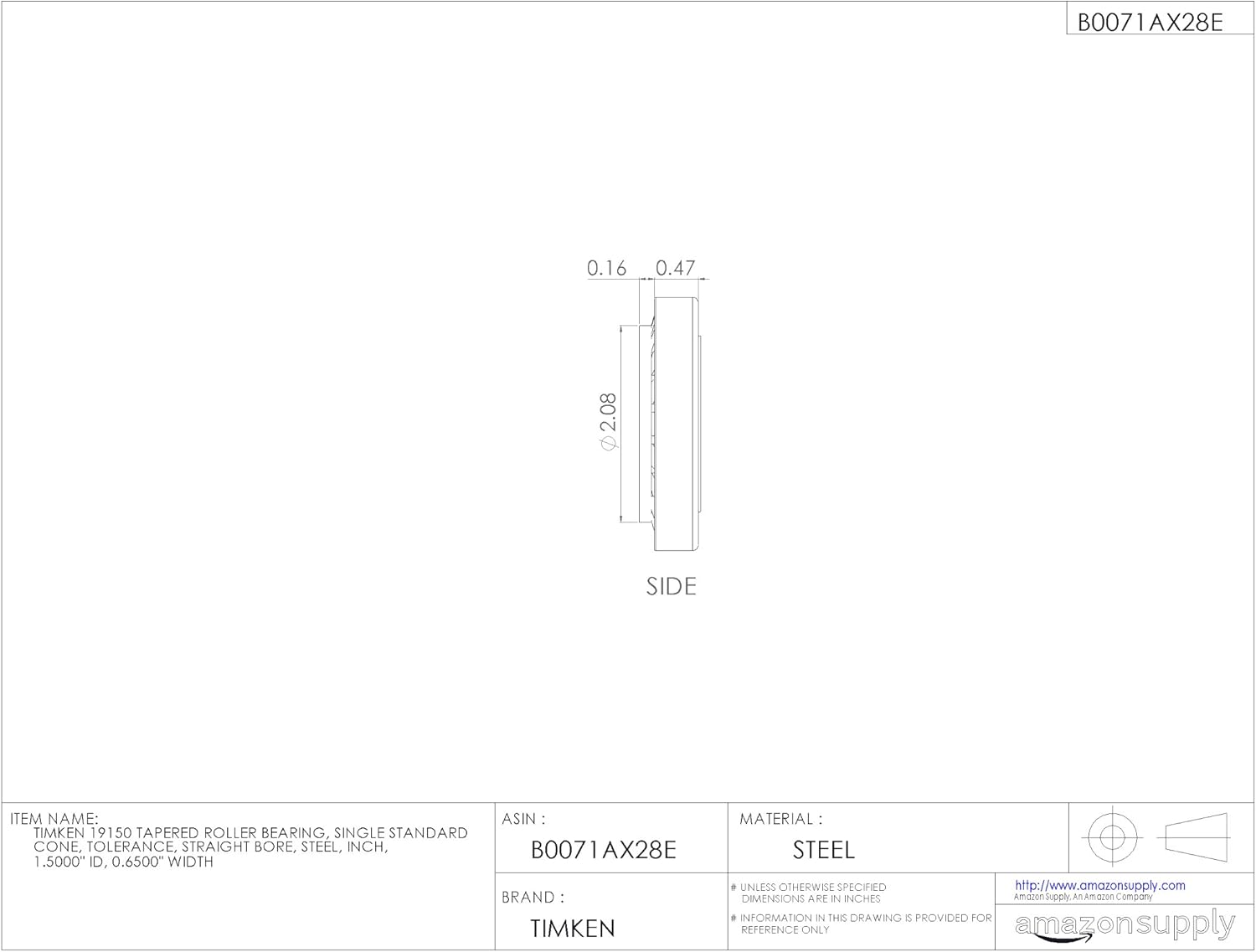 Timken 19150 Tapered Roller Bearing, Single Cone, Standard Tolerance, Straight Bore, Steel, Inch, 1.5000" ID, 0.6500" Width
