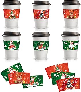 Gukasxi Chritmas - Confezione da 24 bustine di carta kraft usa e getta, 6 motivi per tazze da 12 e 453,6 ml, per bicchieri di carta ondulata per cioccolata calda, cacao o bevande fredde.
