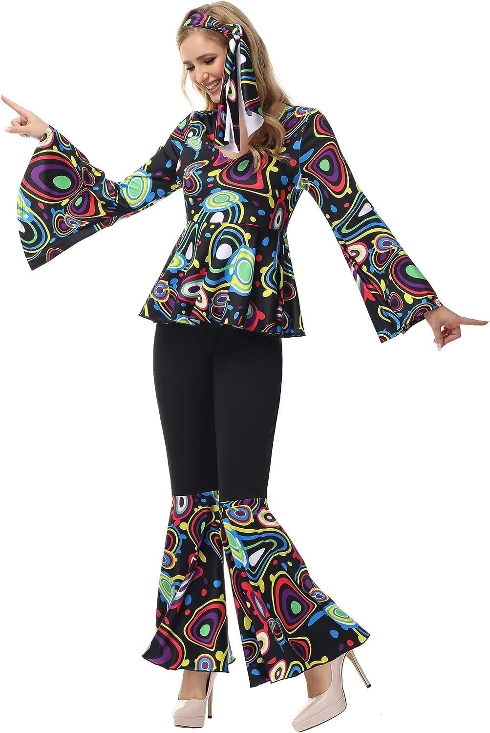 Disco Fancy Dress Outfit Set Hippy 60s 70s 80s 90s Costume Plus Size Disco Halloween Costumes for Women Clothes