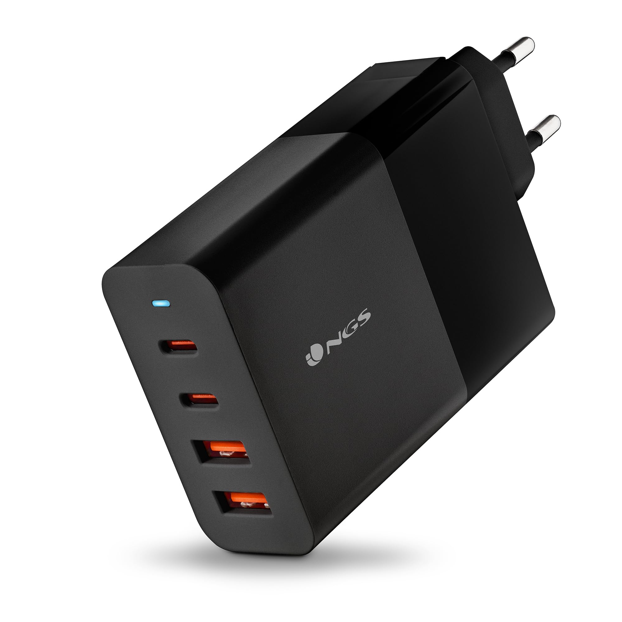 NGS Bud 100 W - Caricatore da parete ultra veloce con 2 porte USB-C(PD & PPS 100 W) 2 USB-A (QC 3.0 30 W) compatto e portatile per smartphone tablet portatili Materiali GAN ignifughi Ricarica