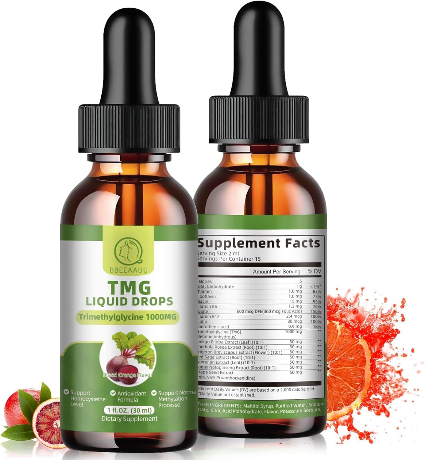 TMG Supplements 1000MG - Trimethylglycine Liquid Drops, Betaine High Absorption, Supports Methylation, Liver Wellness & Cognitive, Non-GMO, Vegan, Blood Orange Flavor, 1 Fl.Oz (2 Pack) - Image 9