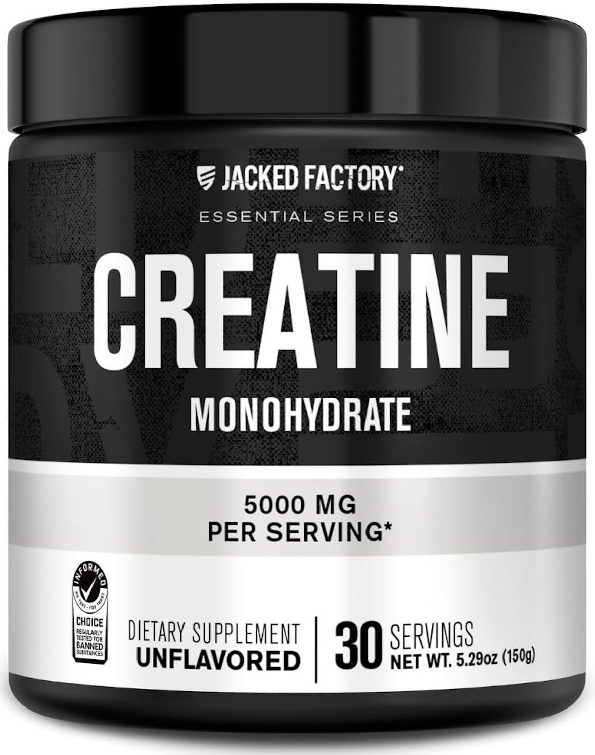 Jacked Factory Creatine Monohydrate Powder 150g - 5g Daily Creatine Supplement for Men and Women, Vegan-Friendly, Third-Party Tested - 30 Servings, Unflavored