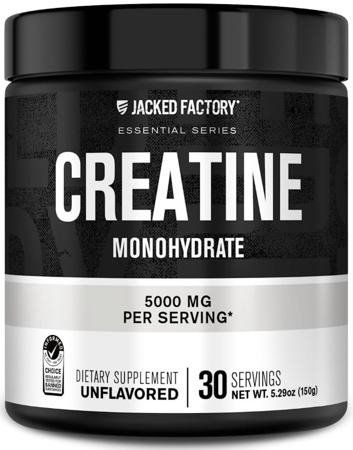 Jacked Factory Creatine Monohydrate Powder 150g - 5g Daily Creatine Supplement for Men and Women, Vegan-Friendly, Third-Party Tested - 30 Servings, Unflavored