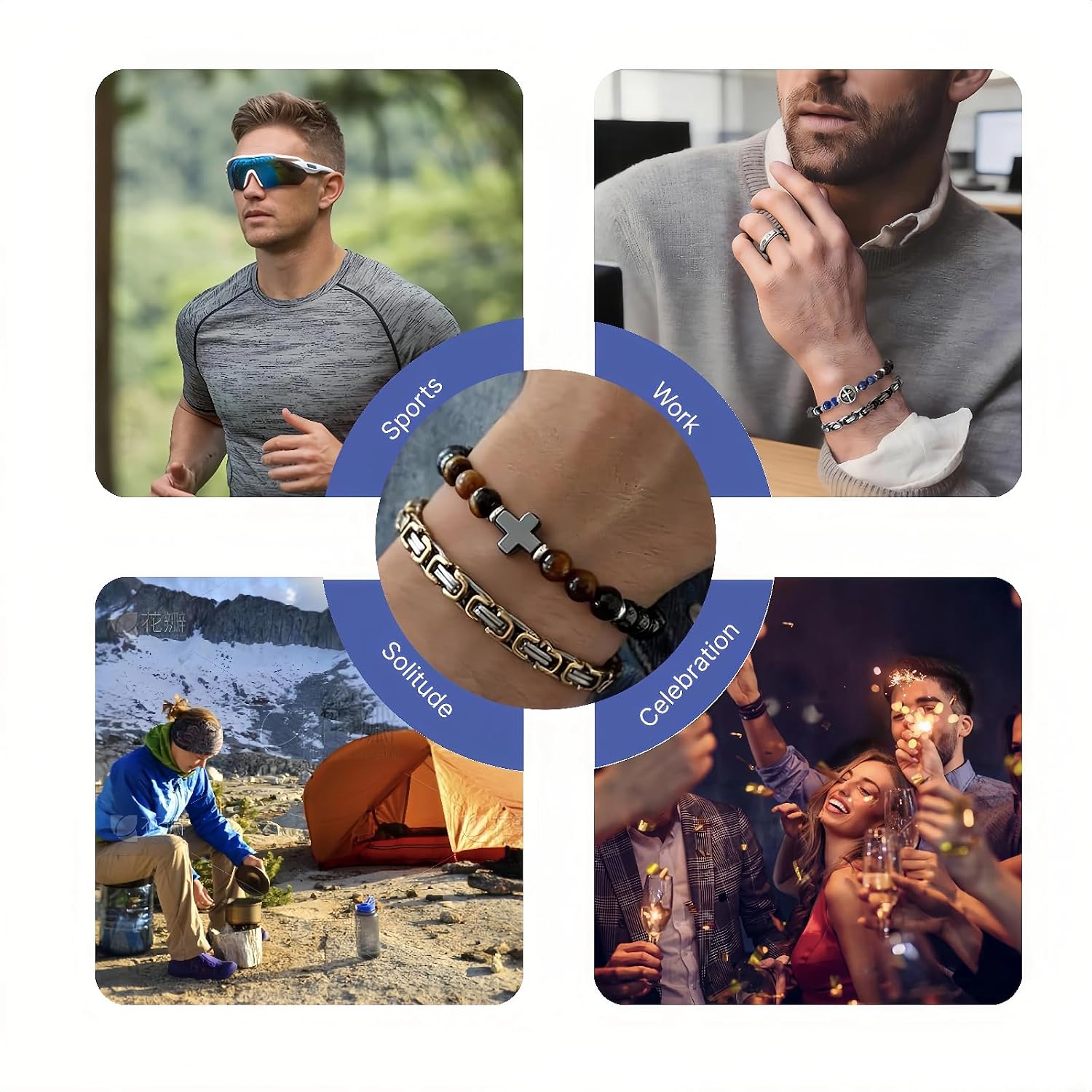 2Pcs Men's Bracelet Set - Byzantine Stainless Steel Chain & Natural Stone Cross Bracelet, Tiger Eye Black Obsidian Hematite Beads, Easter,Christian Religious Jewelry Gift for Him, Father's Day Birthday