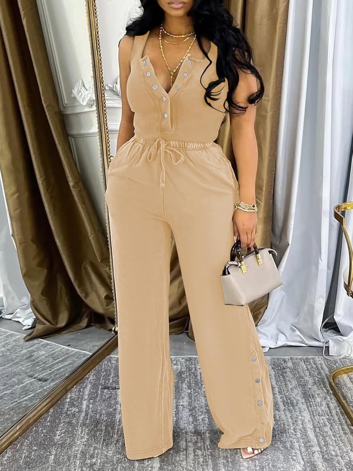 Two Piece Sets for Women Summer Casual Sleeveless Button Crop Top Drawstring Wide Leg Pants Set - Image 2