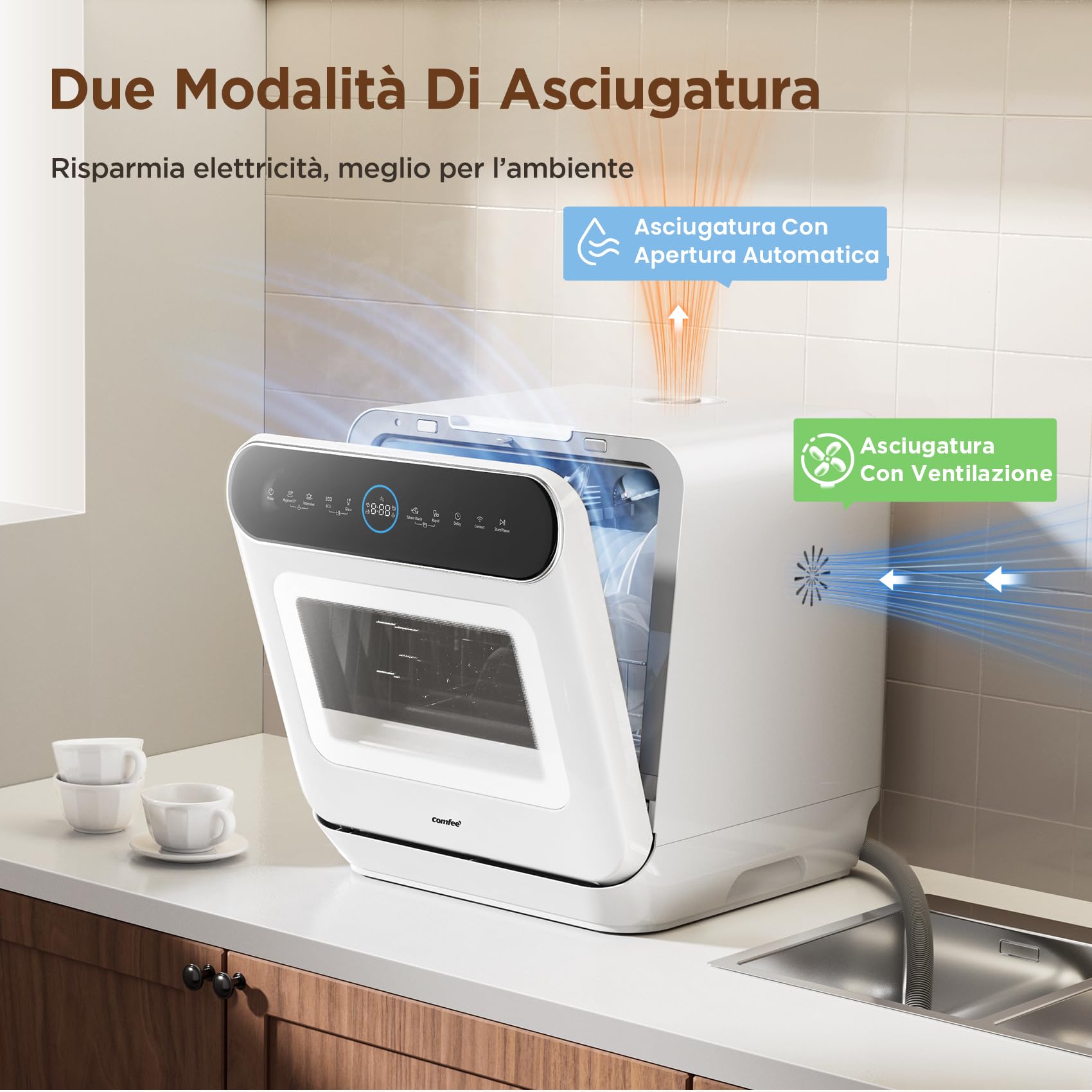 COMFEE' CDWMP305W-IT Lavastoviglie A Libera Installazione, 3 coperti, Design compatto da tavolo 435×420×465 mm, Facile installazione, Riempimento manuale, Programmi multipli, classe energetica D