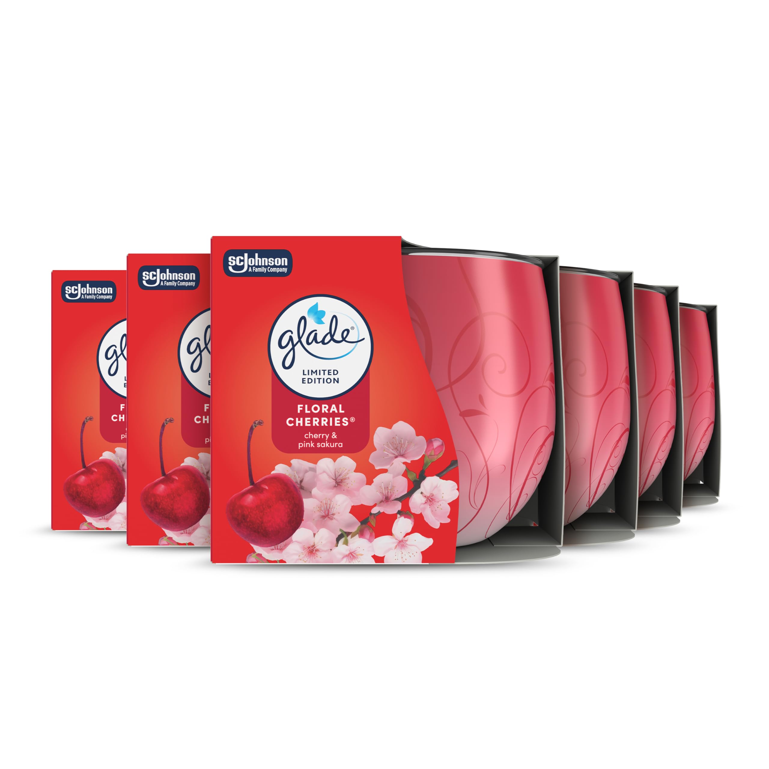 Glade Scented Candle Sleeved, Infused with Essential Oils, Made without Palm oil, Up to 25 Hour Burn Time, Floral Cherries, Pack of 6 (6x 108g), Packaging May Vary
