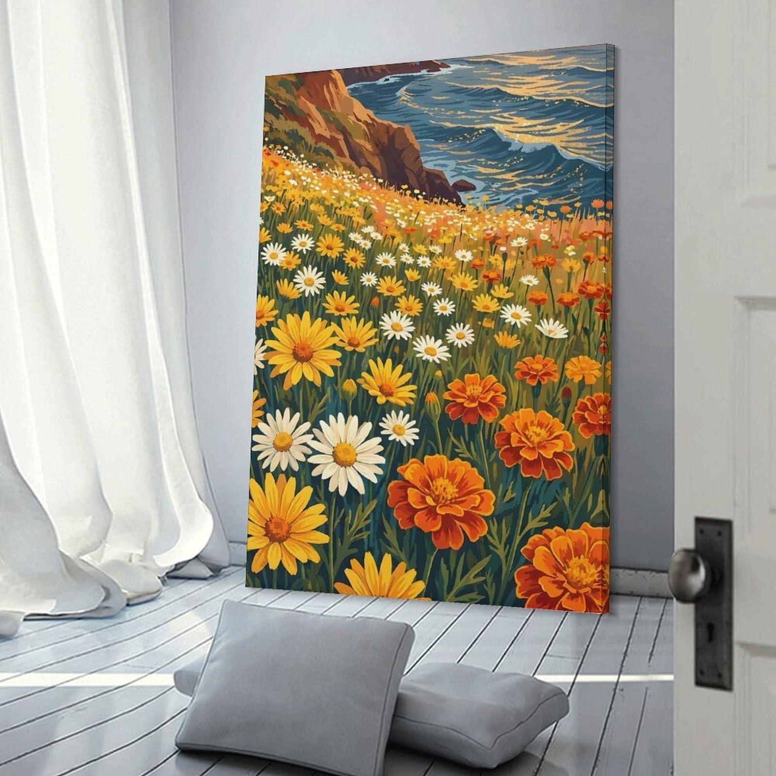 Junmoney Coastal Wildflower Meadow Canvas Wall Decor 20x30inch(50x75cm), for Calm Bedrooms, Home Corners Or Flats, An Easy Wall Refresh for Bedrooms