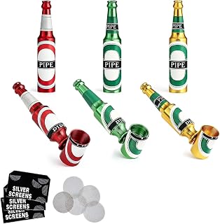 Joyoldelf 3-Pack Mini Beer Bottle Tobacco Pipes - Portable Smoking Pipes Red Green Gold Random Patterns Mesh Screen Starter Kit