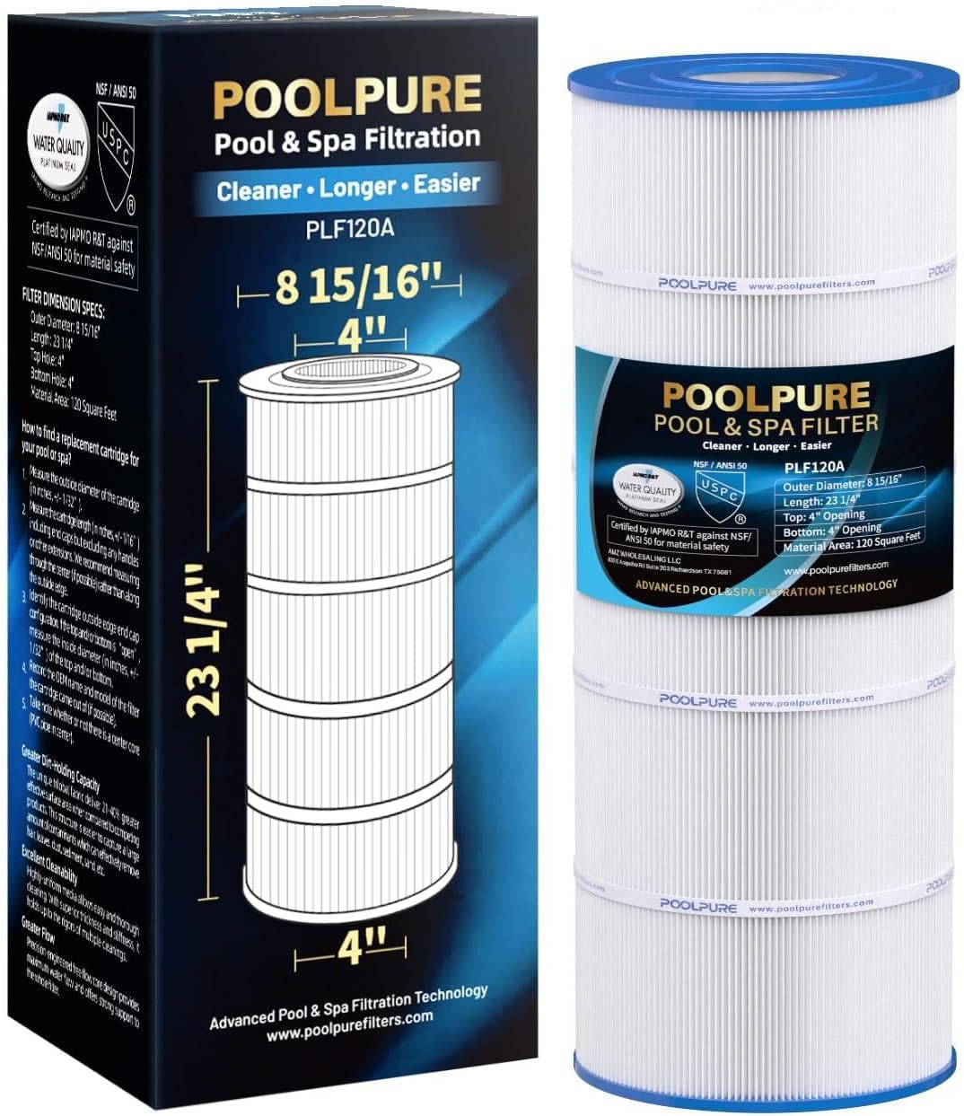 POOLPURE C1200 Pool Filter Replaces Hayward C1200, CX1200RE, HAY823C, Pleatco PA120, Ultra-B2, Unicel C-8412, Filbur FC-1293, Clearwater II 125, Waterway Pro Clean PCCF-125, L x OD:23 1/4" x 8 15/16"