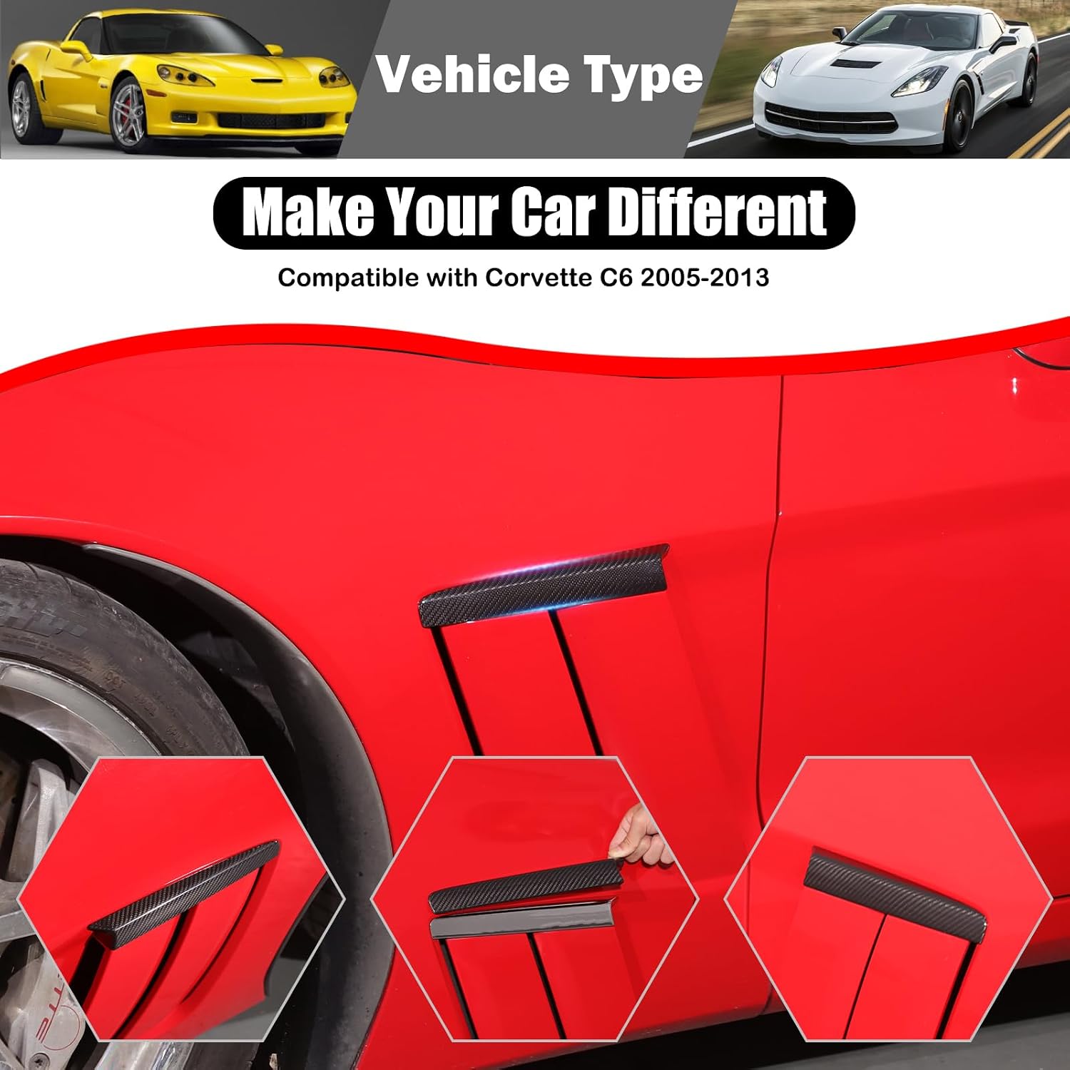 for Corvette C6 Car Fender Side Vents Accessories Genuine Carbon Fiber Spoiler Body Fender Cover,Air Flow Intake Hole Grille Spoiler Cover,Sport Stytle Modified Exterior for 2005-2013 (Black)