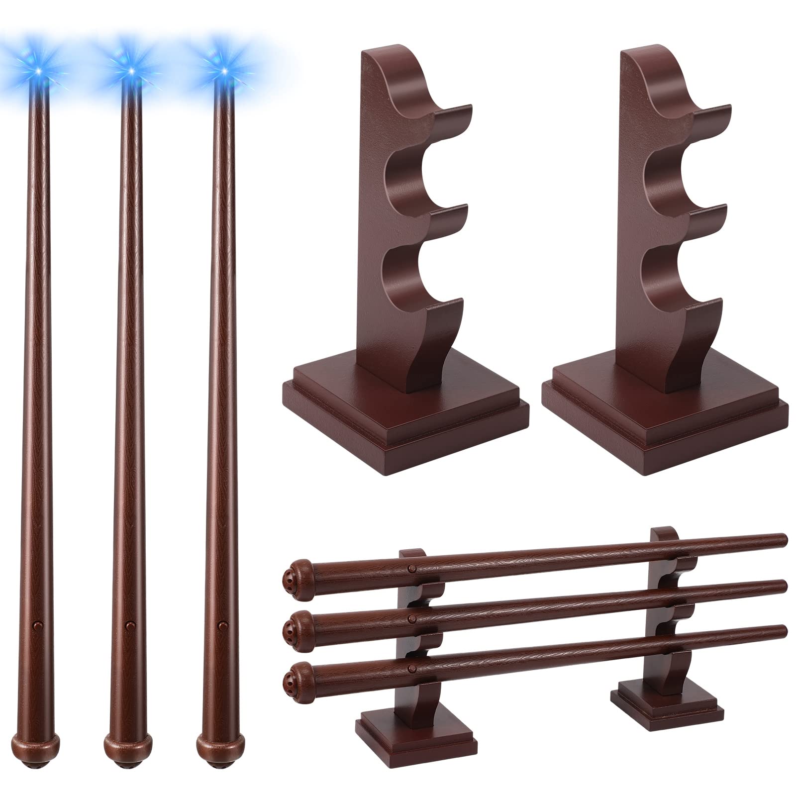 2 Pieces Wizard Wand Display Stand and 3 Pieces Wizard Wands with Light Sound Illuminating Wand Witch Wand for Collection Table Halloween Cosplay