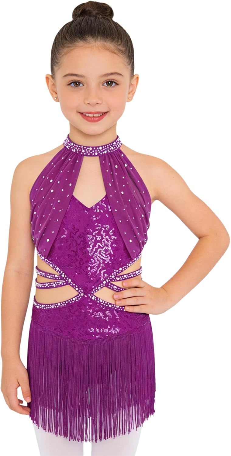 Freebily Kids Girls Fringe Dress Sequin Rhinestones Latin Ballroom Salsa Dance Dress Sleeveless Tassel Bodysuit