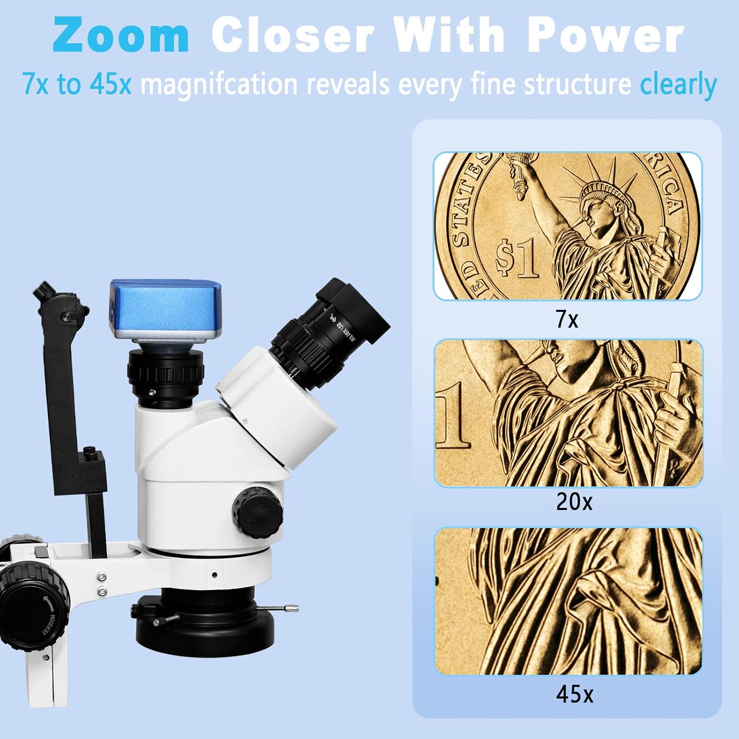 DZQ Jewelry Trinocular Microscope with Camera, 7X-45X Magnification image 5