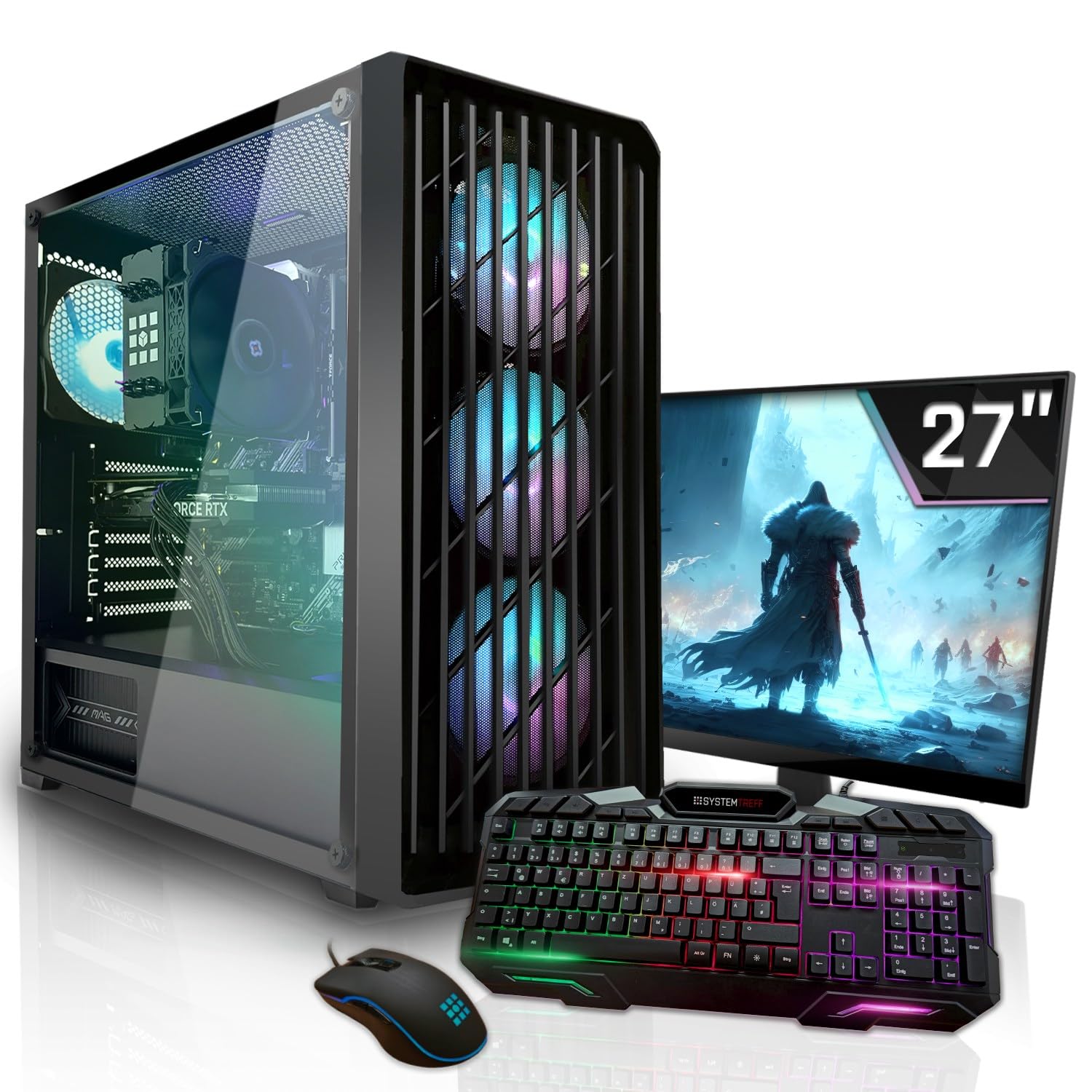 SYSTEMTREFF Gaming Komplett PC Set AMD Ryzen 7 5700 8x4.6GHz | Nvidia RTX 5060 8GB DX12 | 1TB M.2 NVMe | 32GB DDR4 RAM | Windows 11 | 27 TFT Monitor | Desktop Paket Computer für Gamer, Gaming