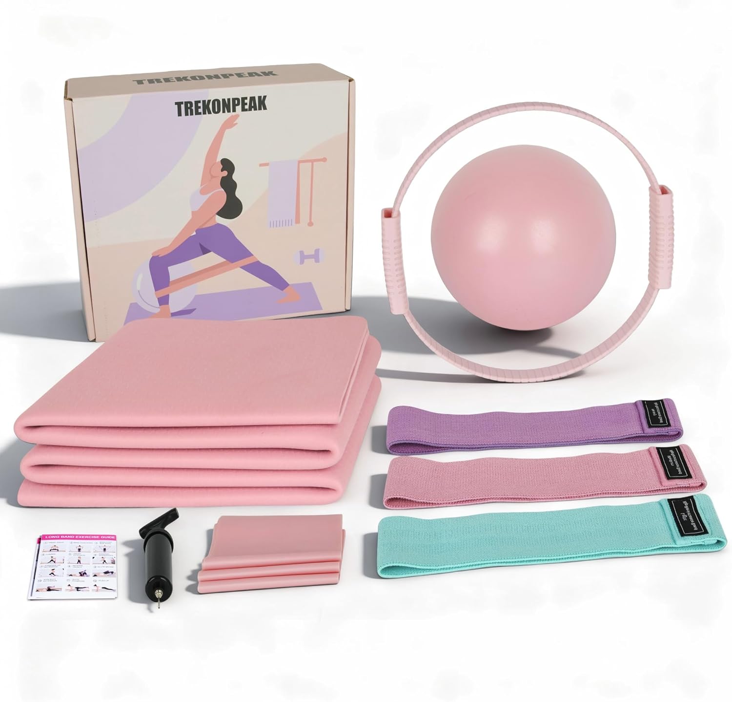 Pilates Set 8Pcs with Pilates-Ring, Foldable Yoga Mat, Small Yoga-Ball & Pump, 3Pcs Booty Bands, Long Resistance Band, Pilates Essentials Kit for Women Home Workouts Yoga-Starter